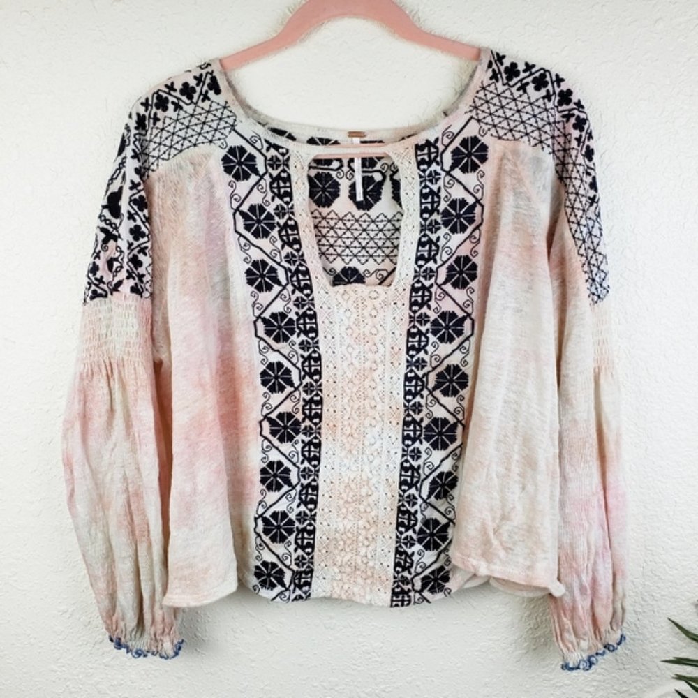 Free People Linen/Rayon Embroidered Boho Peasant Blouse Ethnic Top Tie Dye sz M